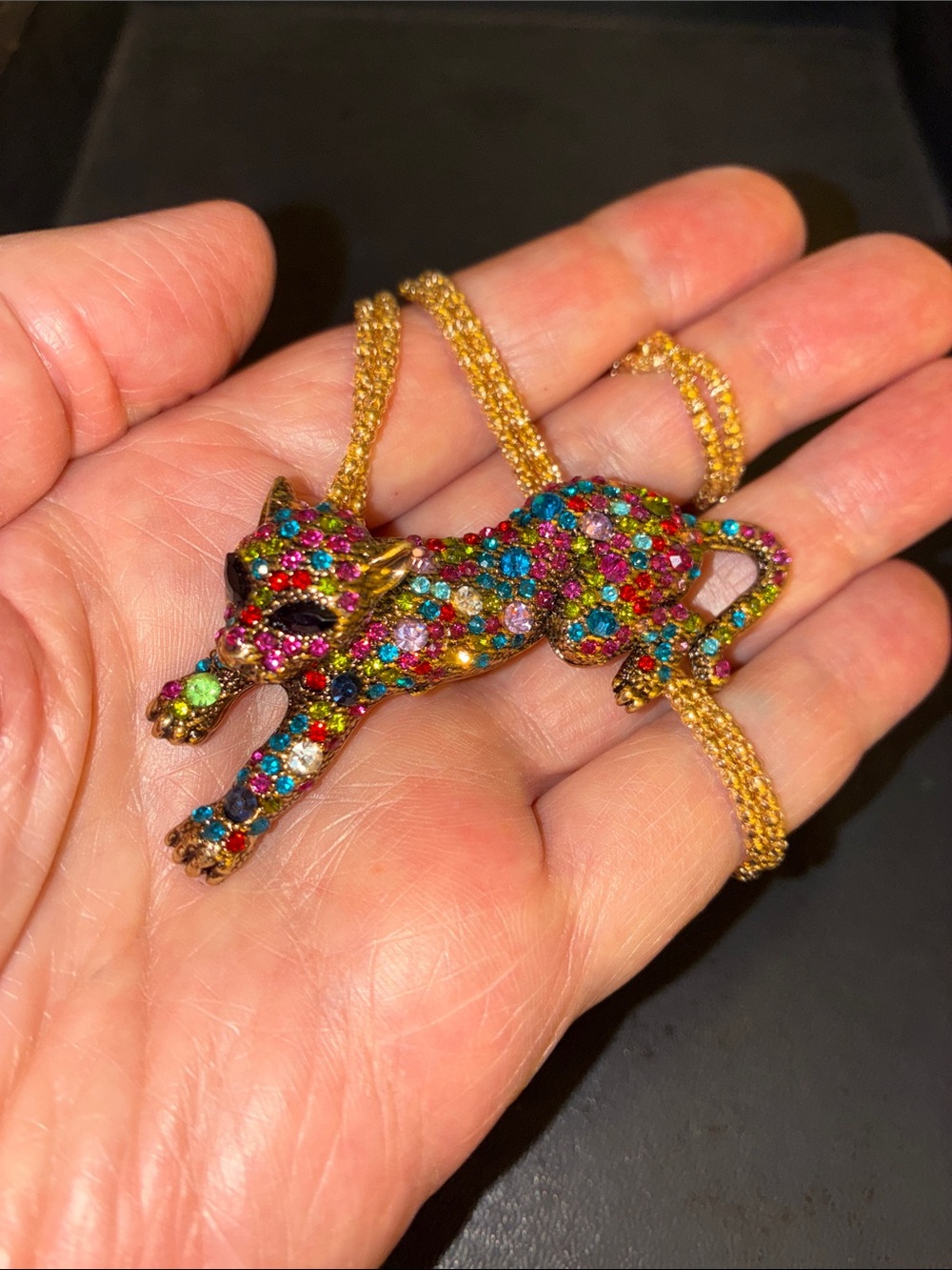 Multicolor Crystal Panther Pendant/Brooch Necklace - Gold Tone